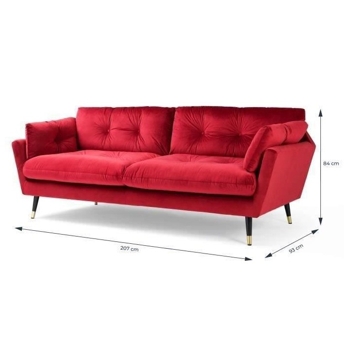 Canapé fixe 3 places - Velours rouge - Style contemporain - L 207 x P