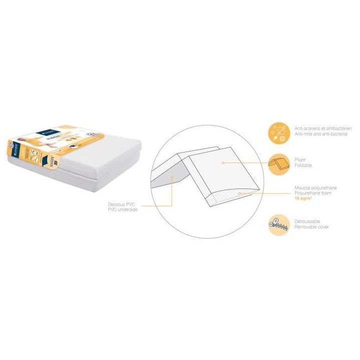Matelas pliant CANDIDE 60x120 cm - Epaisseur 7 cm - Pliable en 2