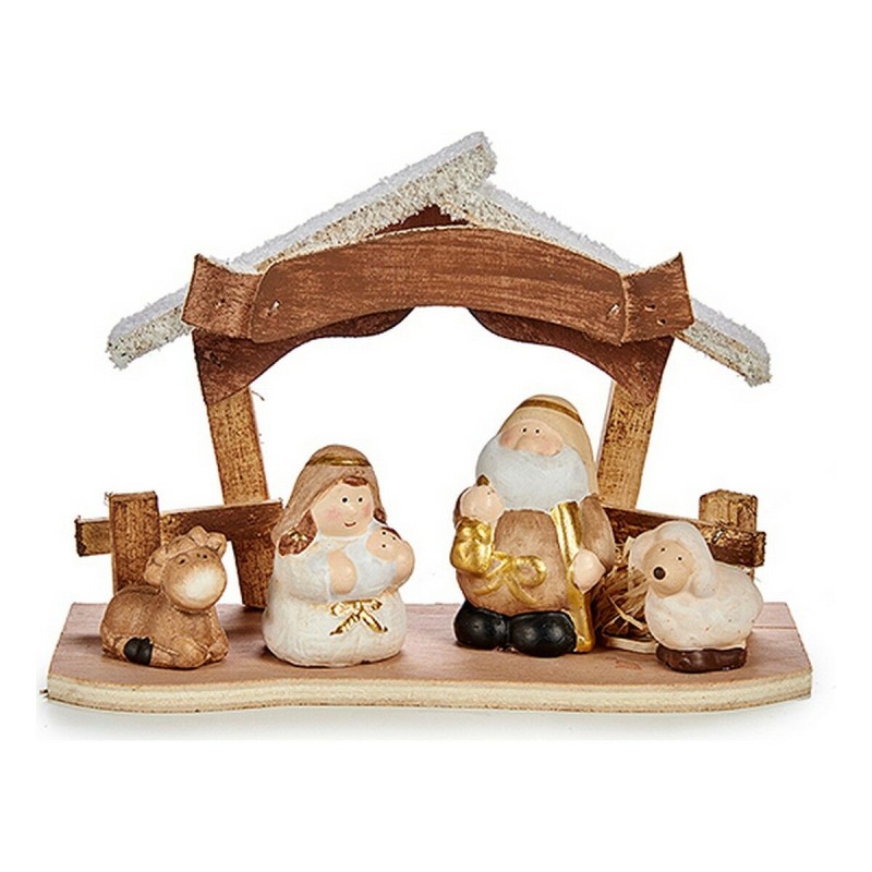 Crèche de Noël Blanc Marron Doré Bois Céramique 8,5 x 15,5 x 21,5 cm