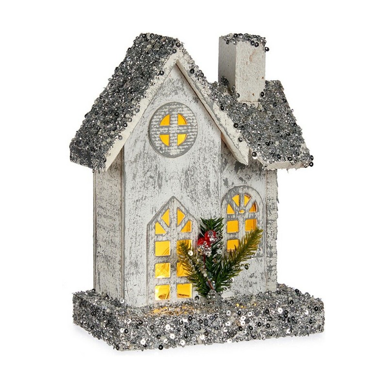 Figurine Décorative Noël Paillettes Lumière LED Maison 19,5 x 25 x 9 cm Gris Bois Blanc