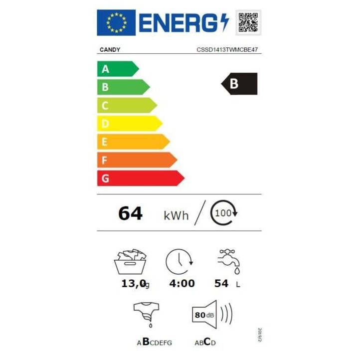 Lave-linge hublot CANDY CSSD1413TWMCBE47 - 13 kg - Induction - Vapeur