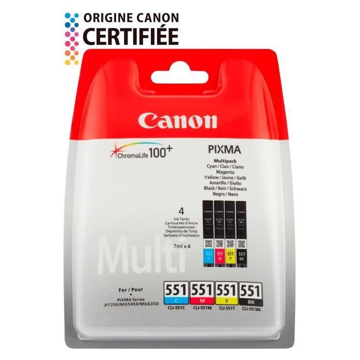 Canon Pack Cartouches CLI-551 C 3 Couleurs + Noir Blister non sécuris