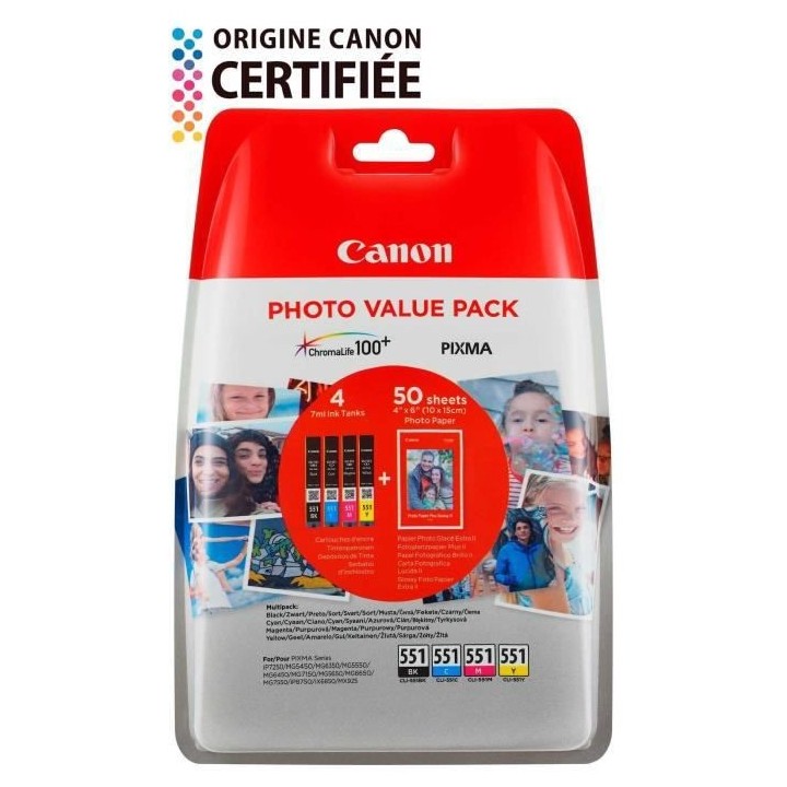 CANON Cartouche jet d'encre CLI-551 - Noir, Cyan, Jaune, Magenta - Jet
