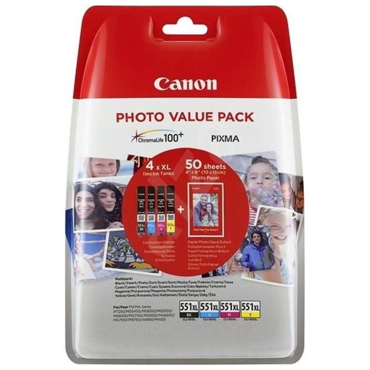 CANON Pack de 4 cartouches CLI-551 XL grande capacité Noir/Cyan/Magen