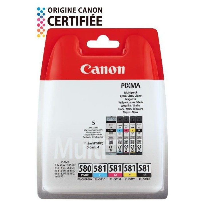 CANON Pack de 5 cartouches d'encre PGI-580 / CLI-581 PGBK/Noir/Cyan/Ma