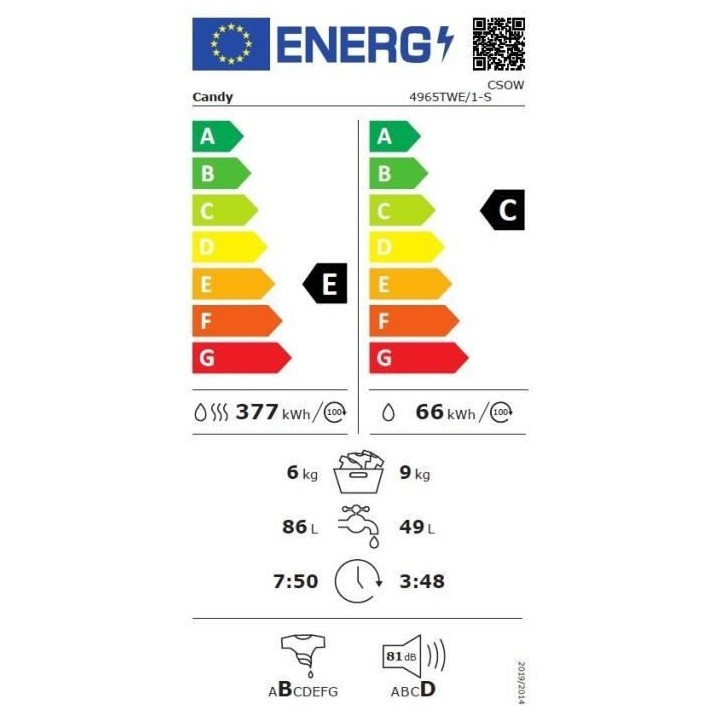 Lave-linge séchant CANDY CSOW 4965TE/1-S - Induction - 9 / 6 kg - 140