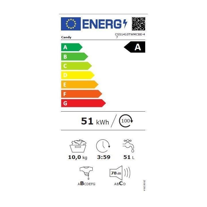 Lave-linge hublot CANDY CSS1410TWMCBE-47 - 10k g - Induction - Vapeur