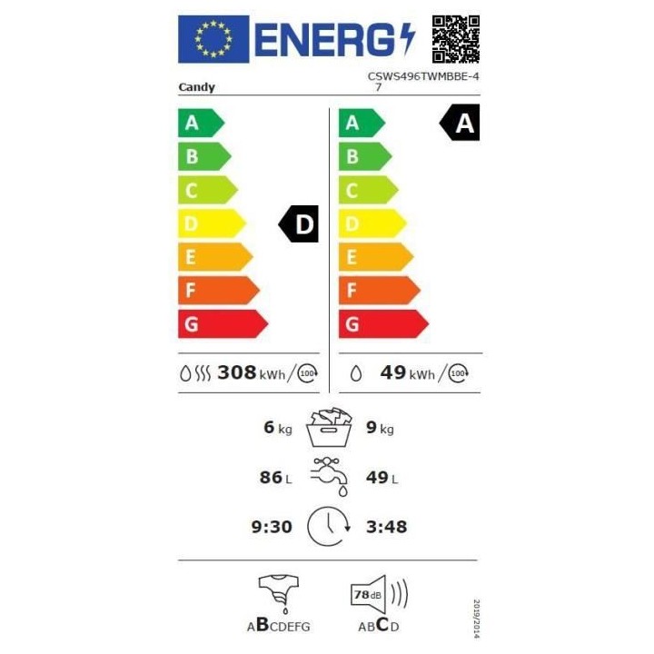 Lave-linge séchant CANDY CSWS496TWMBBE-47 - 9 / 6 kg - Induction - 14