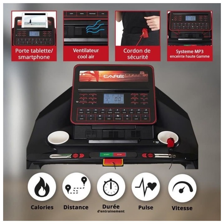 Tapis de course - 30 programmes d'entraînements - 20 km/h - Care - Ma