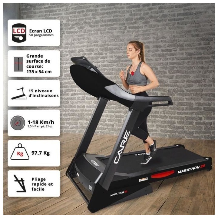 Tapis de course - 30 programmes d'entraînements - 20 km/h - Care - Ma