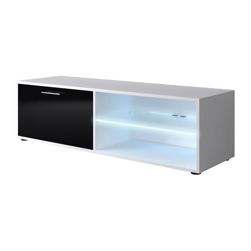 KORA Meuble TV LED contemporain blanc et noir brillant - L 118 cm