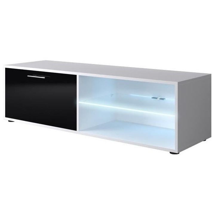 KORA Meuble TV LED contemporain blanc et noir brillant - L 118 cm