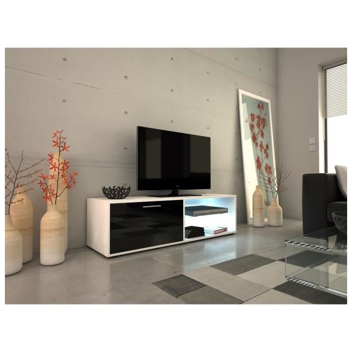 KORA Meuble TV LED contemporain blanc et noir brillant - L 118 cm