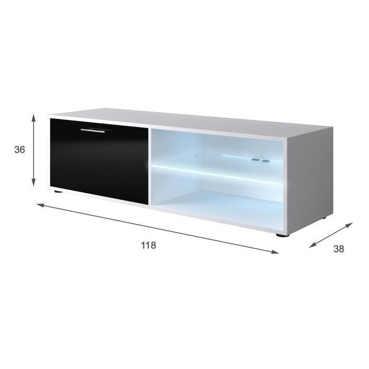 KORA Meuble TV LED contemporain blanc et noir brillant - L 118 cm