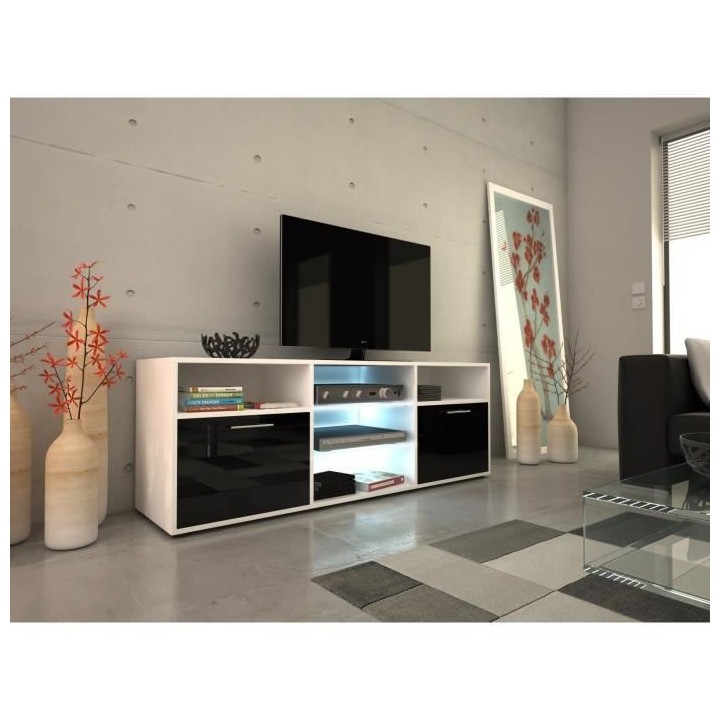 KORA Meuble TV contemporain blanc et noir brillant - L 150 cm
