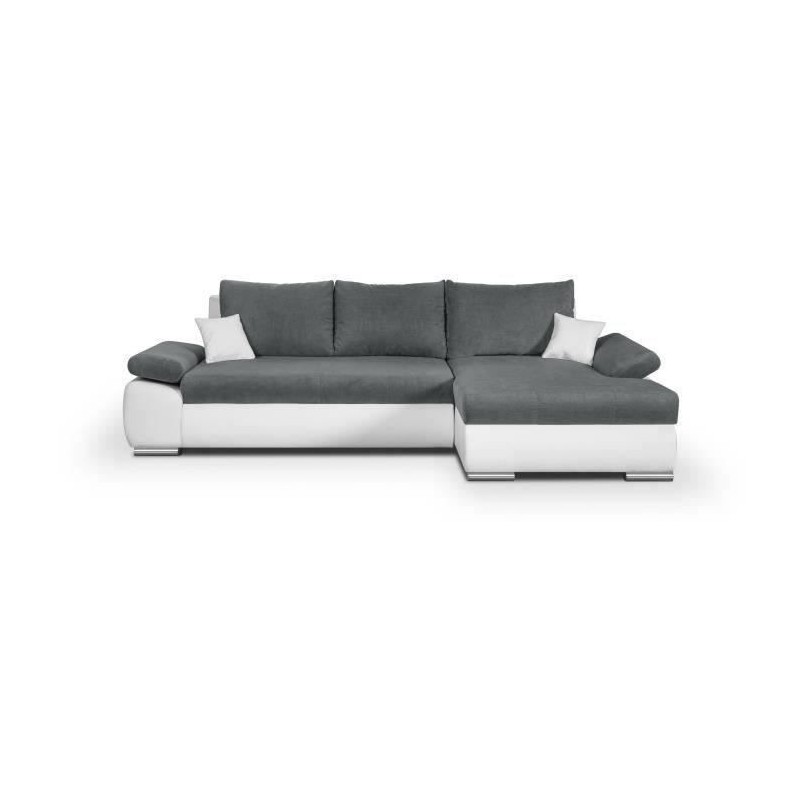 Canapé d'angle droit 4 places convertible + coffre + 2 coussins - Tissu gris et simili blanc - L 285 x P 171 x H 80 cm - CASERT