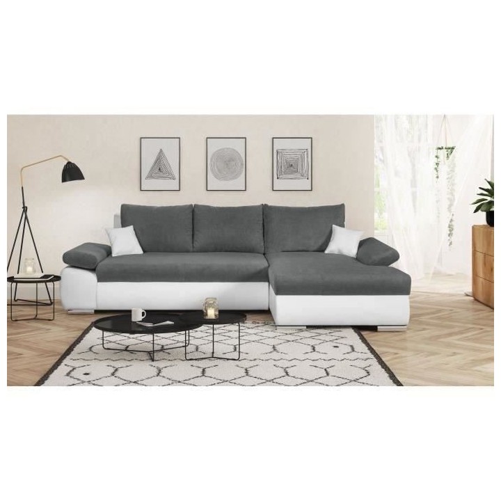 Canapé d'angle droit 4 places convertible + coffre + 2 coussins - Tis