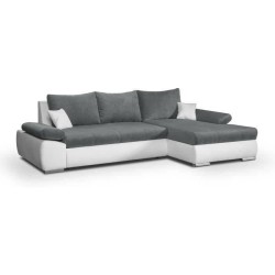 Canapé d'angle droit 4 places convertible + coffre + 2 coussins - Tissu gris et simili blanc - L 285 x P 171 x H 80 cm - CASERT