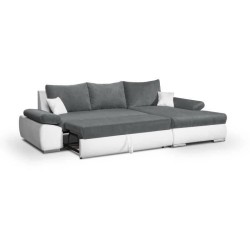 Canapé d'angle droit 4 places convertible + coffre + 2 coussins - Tissu gris et simili blanc - L 285 x P 171 x H 80 cm - CASERT