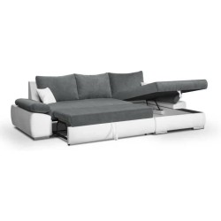 Canapé d'angle droit 4 places convertible + coffre + 2 coussins - Tissu gris et simili blanc - L 285 x P 171 x H 80 cm - CASERT