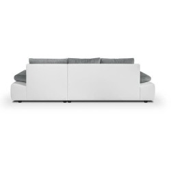 Canapé d'angle droit 4 places convertible + coffre + 2 coussins - Tissu gris et simili blanc - L 285 x P 171 x H 80 cm - CASERT