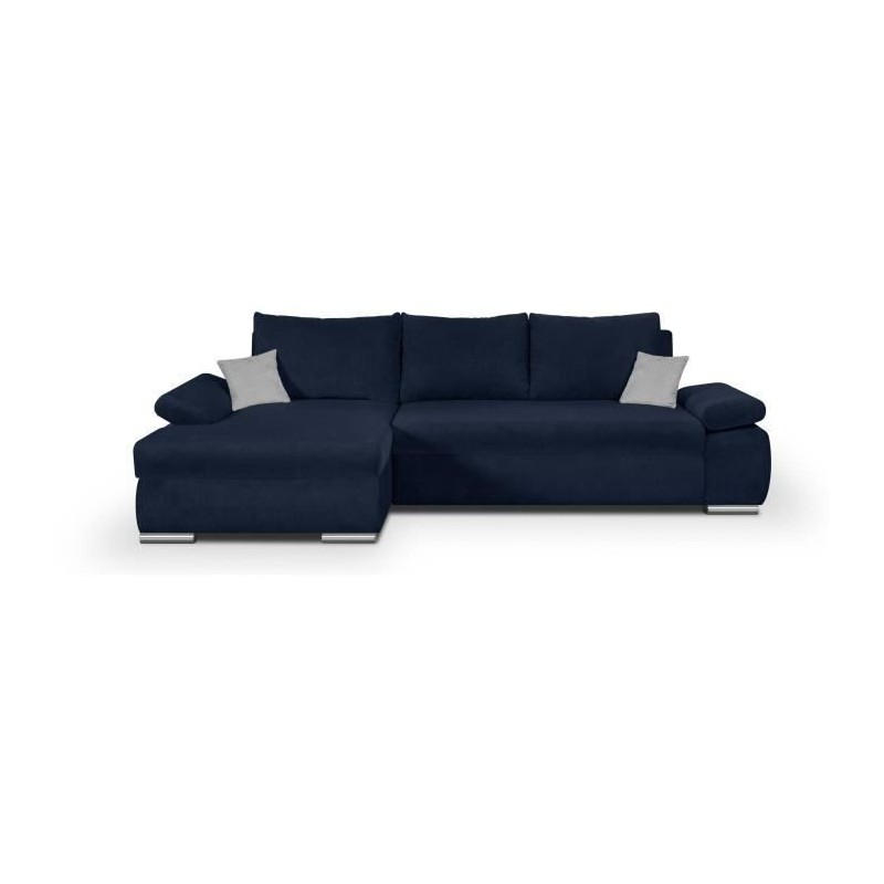 Canapé d'angle gauche convertible 4 places + coffre - Tissu gris foncé et coussins bleu pastel - L 285 x P 171 x H 80 cm - CAS