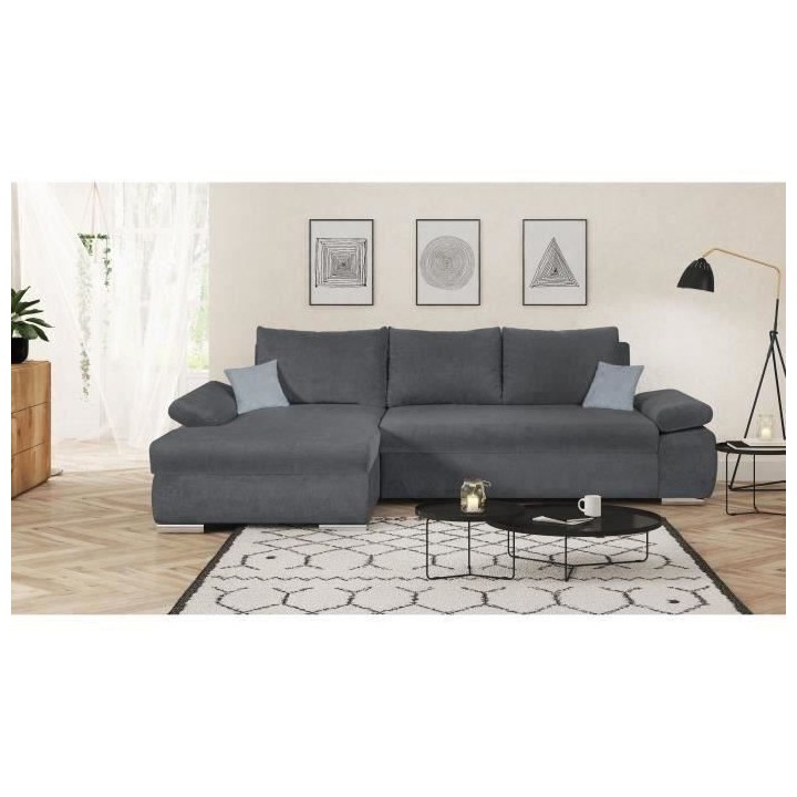 Canapé d'angle gauche convertible 4 places - Tissu bleu marine et cou