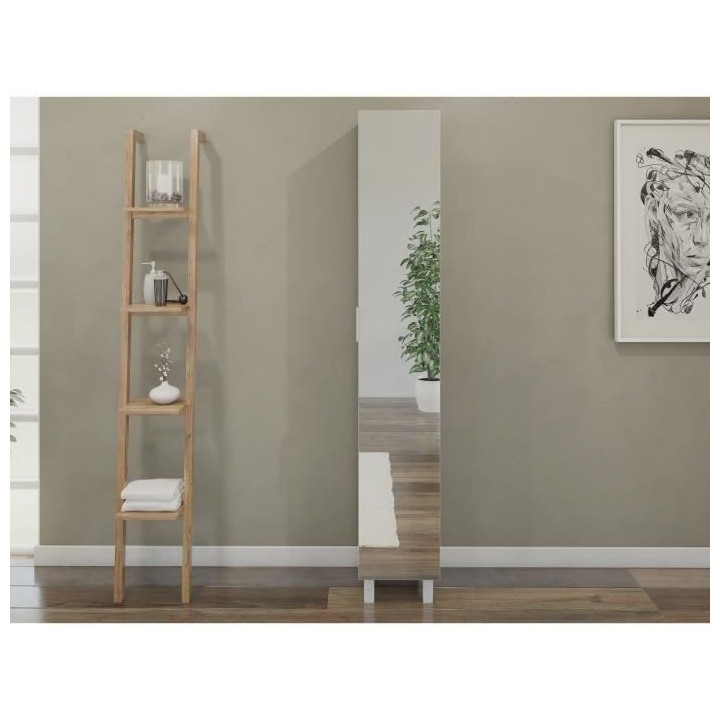 ESSENTIEL - Colonne de salle de bain 1 porte + miroir - Blanc - L 30cm