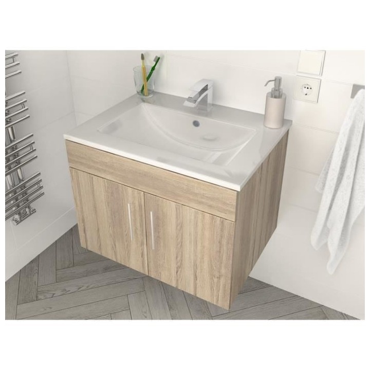 LIMA Ensemble salle de bain simple vasque L 60 cm - Décor chene sonom