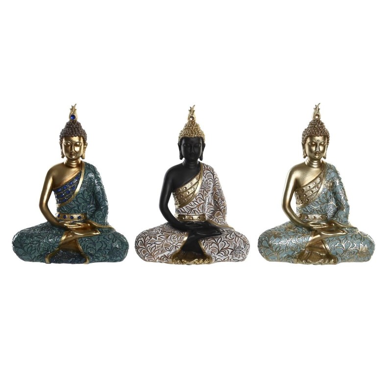 Figurine Décorative DKD Home Decor Noir Buda Turquoise Vert Oriental 20 x 11 x 27 cm (3 Pièces)