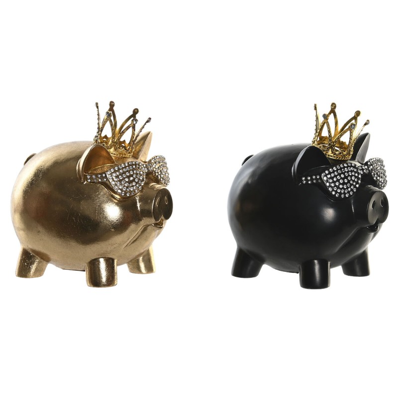 Figurine Décorative DKD Home Decor 13,5 x 11 x 14 cm Noir Doré Cochon (2 Unités)