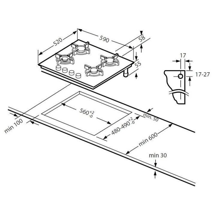 Plaque de cuisson gaz CONTINENTAL EDISON 4 foyers L60 x P51 cm CECTG4G