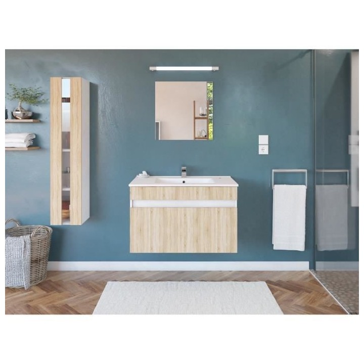 Salle de Bain complete L 80cm - Meuble + Vasque + Colonne vitrée - D