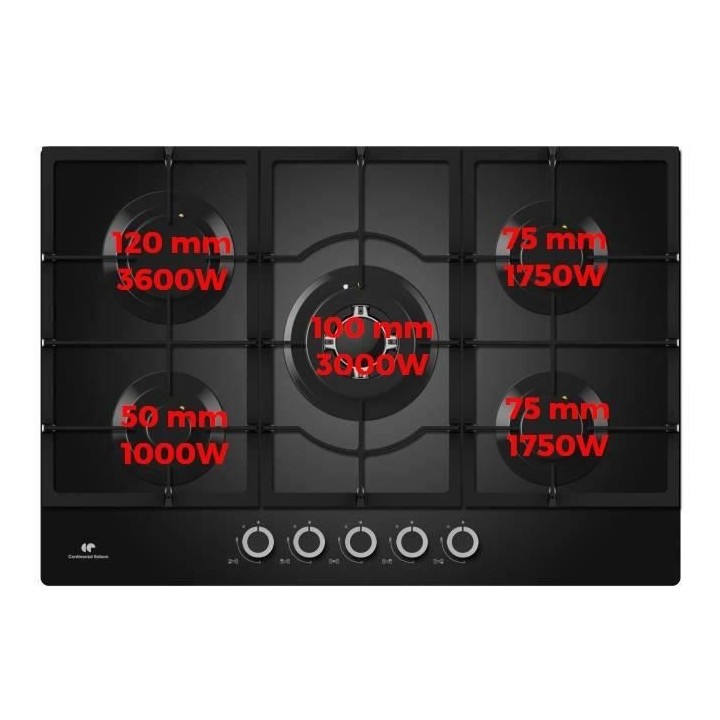Plaque de cuisson gaz CONTINENTAL EDISON 5 foyers L 75 cm x P 51 cm CE