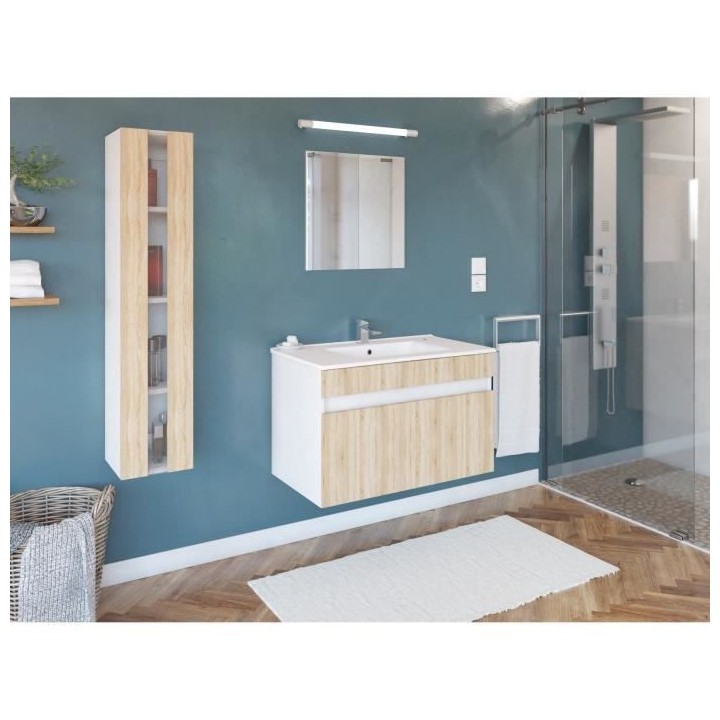 Salle de Bain complete L 80cm - Meuble + Vasque + Colonne vitrée - D
