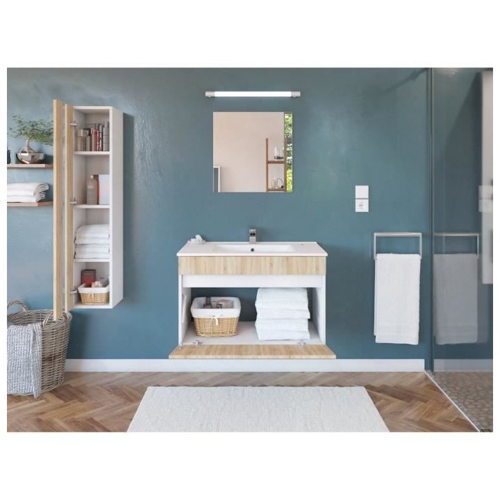 Salle de Bain complete L 80cm - Meuble + Vasque + Colonne vitrée - D