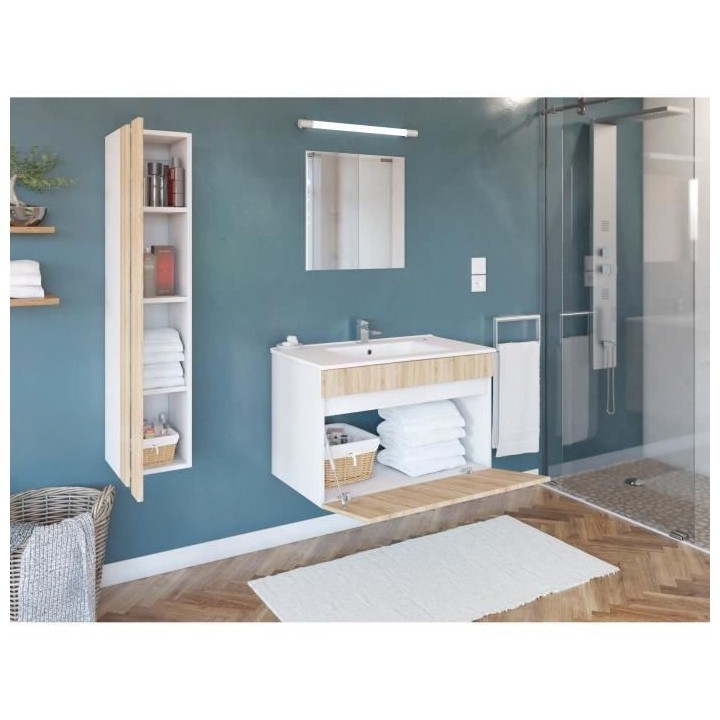 Salle de Bain complete L 80cm - Meuble + Vasque + Colonne vitrée - D