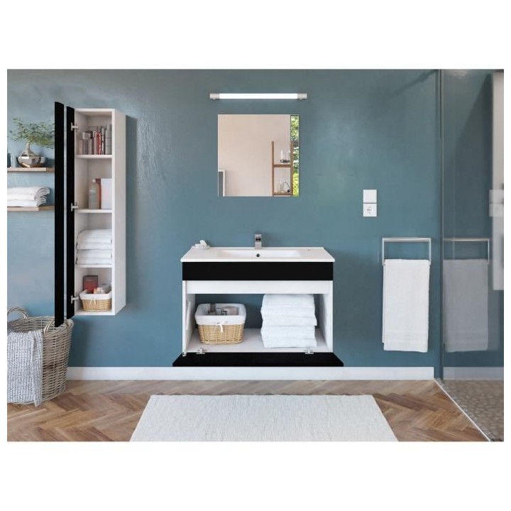 Salle de Bain complete L 80cm - Meuble + Vasque + Colonne vitrée - No