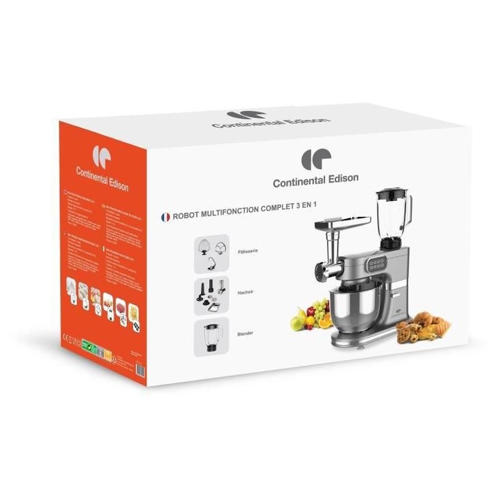 Robot pâtissier multifonction CONTINENTAL EDISON - 1000 W - Gris