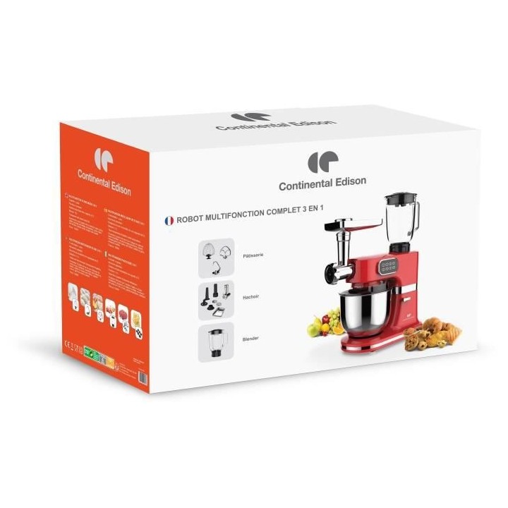 Robot pâtissier multifonction CONTINENTAL EDISON - Rouge - 1000 W