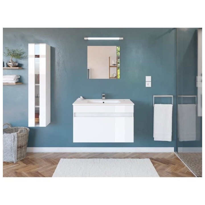 Salle de Bain complete L 80cm - Meuble + Vasque + Colonne vitrée - Bl