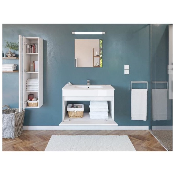 Salle de Bain complete L 80cm - Meuble + Vasque + Colonne vitrée - Bl