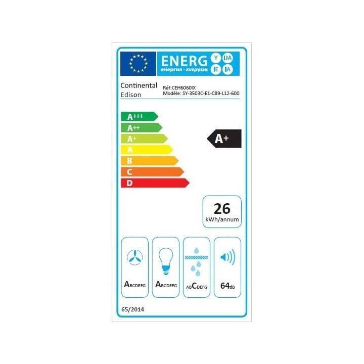 Hotte décorative murale CONTINENTAL EDISON CEH6060IX 60 cm - Inox