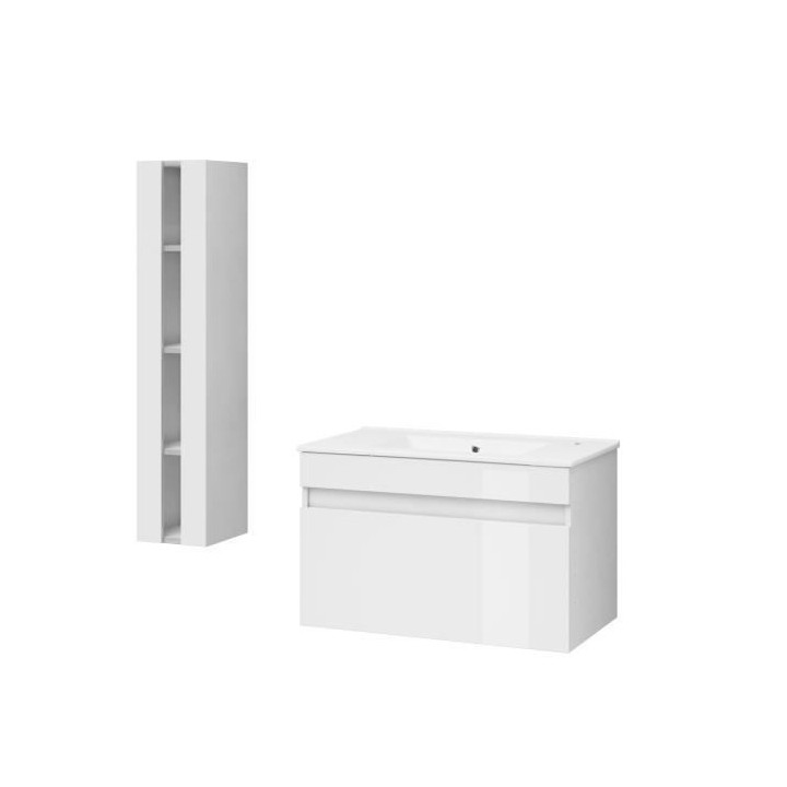 Salle de Bain complete L 80cm - Meuble + Vasque + Colonne vitrée - Bl
