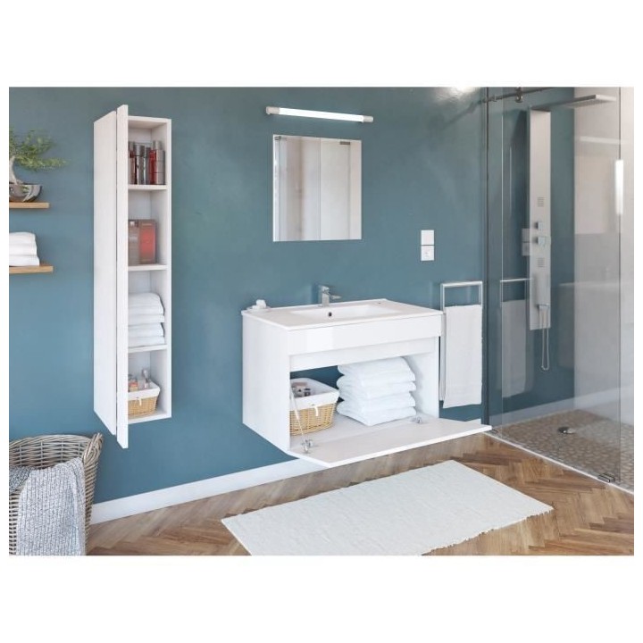 Salle de Bain complete L 80cm - Meuble + Vasque + Colonne vitrée - Bl