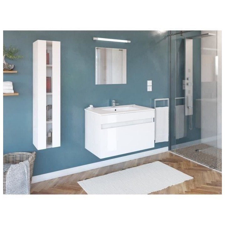 Salle de Bain complete L 80cm - Meuble + Vasque + Colonne vitrée - Bl