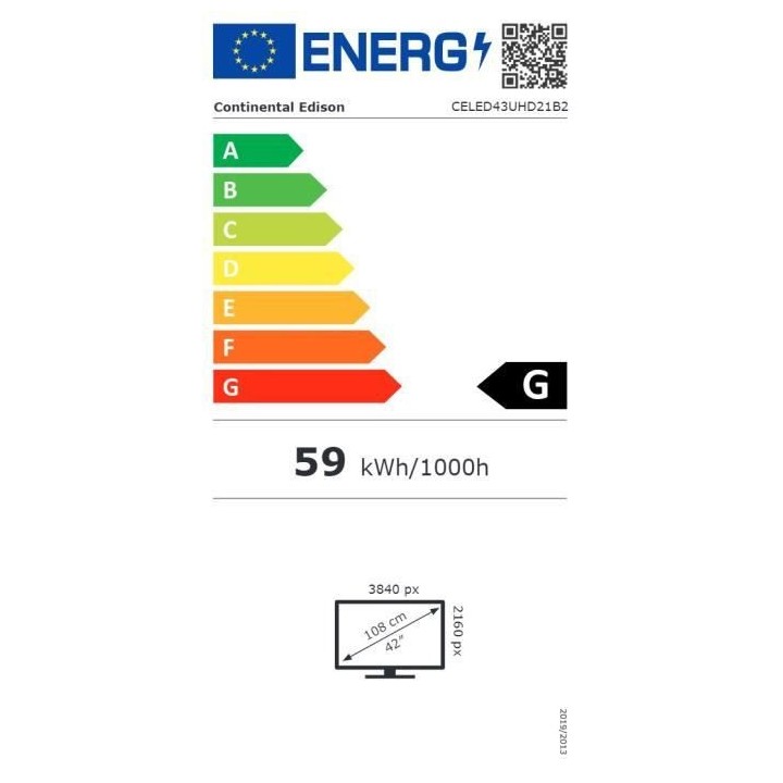 Continental Edison - TV LED UHD 4K 43 (108cm) - 3xHDMI, 2xUSB - Noir