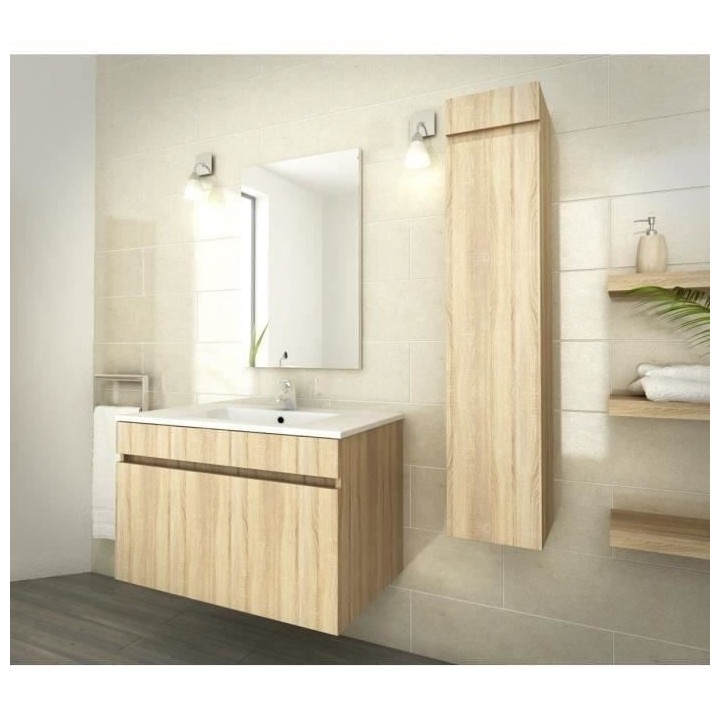LUNA Ensemble salle de bain simple vasque L 80 cm - Décor oak sonoma