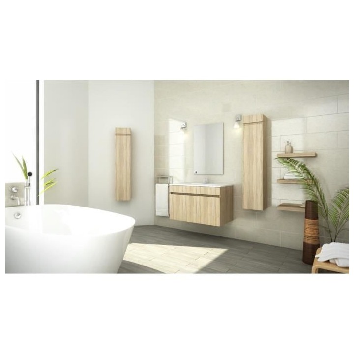 LUNA Ensemble salle de bain simple vasque L 80 cm - Décor oak sonoma