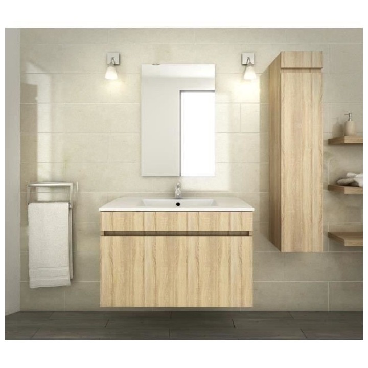LUNA Ensemble salle de bain simple vasque L 80 cm - Décor oak sonoma